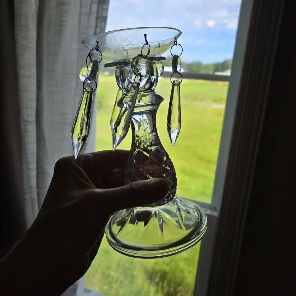 Vtg MCM Indiana Glass Cambridge Candleholder Dangling Prisms, Art Deco 6